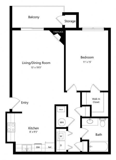 Floor plan for 1 bed, 1 bath, 796 sqft